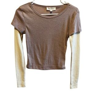 Pink Rose Long Sleeve Layered Look Top Shirt Blush Pink With Cream Sleeves Sz S